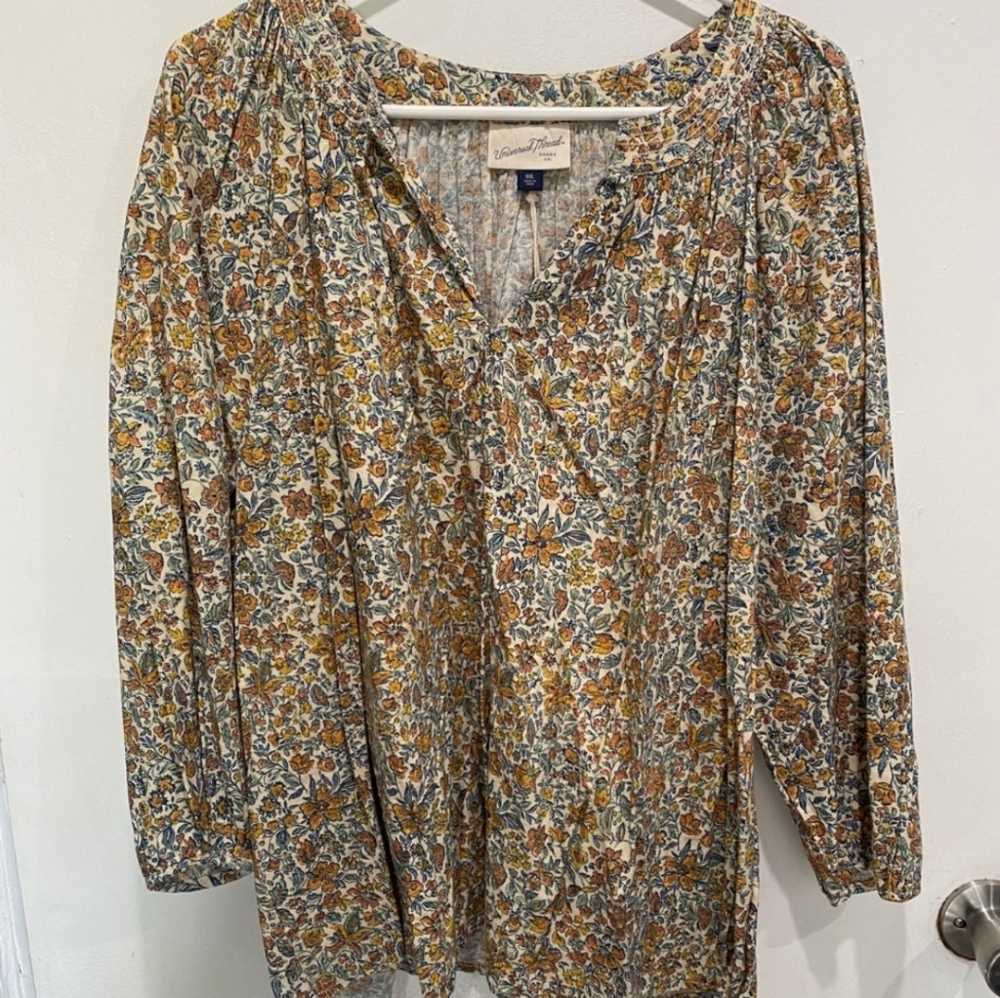 Universal Thread Floral Peasant Blouse in Mustard, Brown, Green